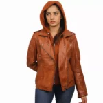 Women's Leather Jacket With Hood Front Women's Leather Jacket With Hood Front