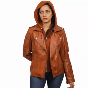 Women's Leather Jacket With Hood Front