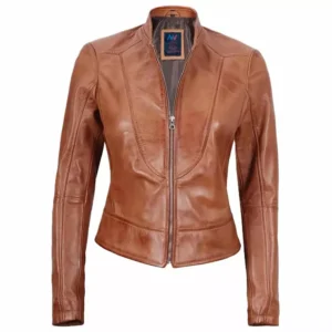 Womens Tan Leather Jacket Front