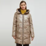 Beige Long Puffer Coat Front