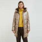 Beige Long Puffer Coat Front Open