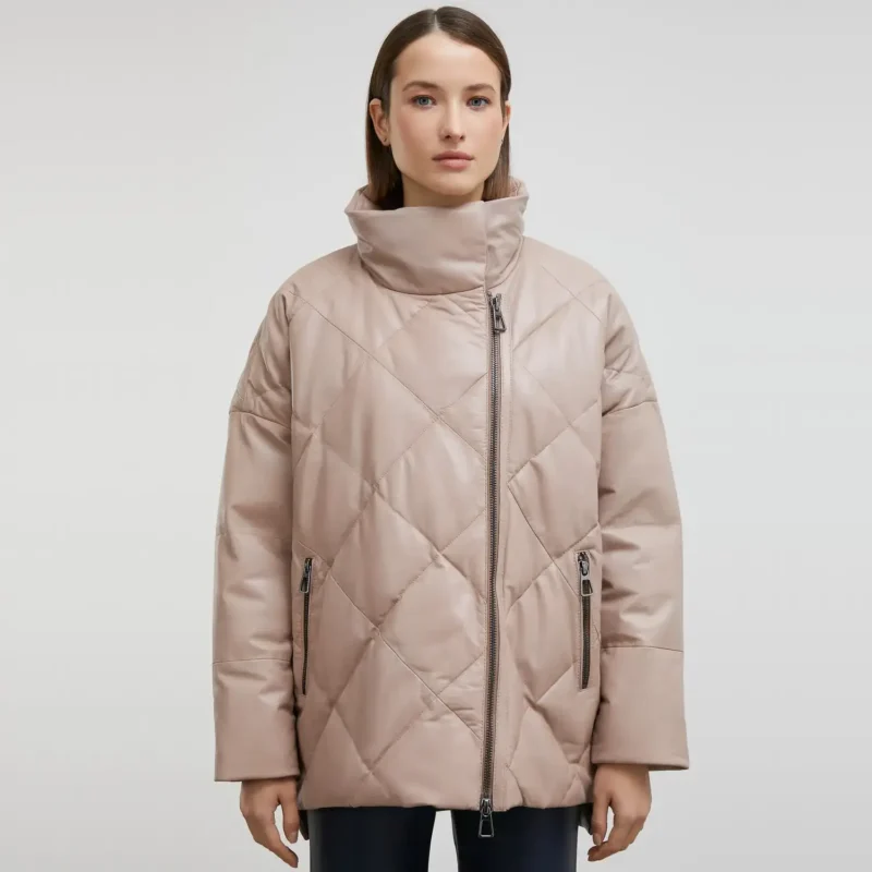 Beige Puffer Coat Womens Front