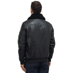 Black Bomber Jacket With Fur Collar For Mens Back