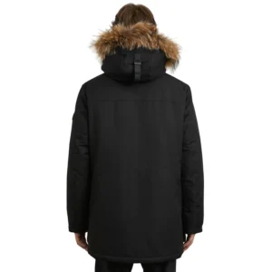 Black Coat With Black Fur Hood For Mens Back