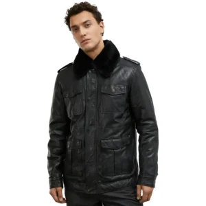 Black Leather Biker Jacket With Fur Collar For Mens Front