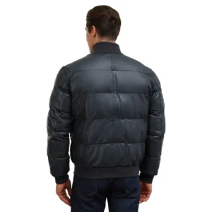 Black Leather Bomber Puffer Jacket For Mens Back