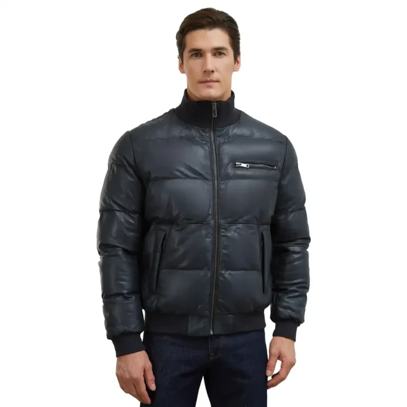 Black Leather Bomber Puffer Jacket For Mens Front