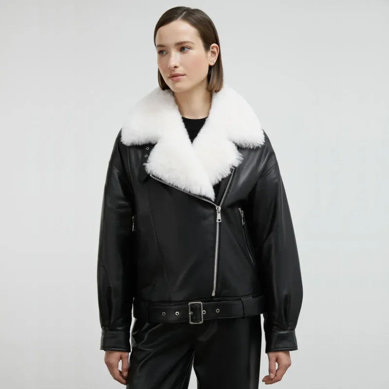 Black Leather Jacket With White Fur Front