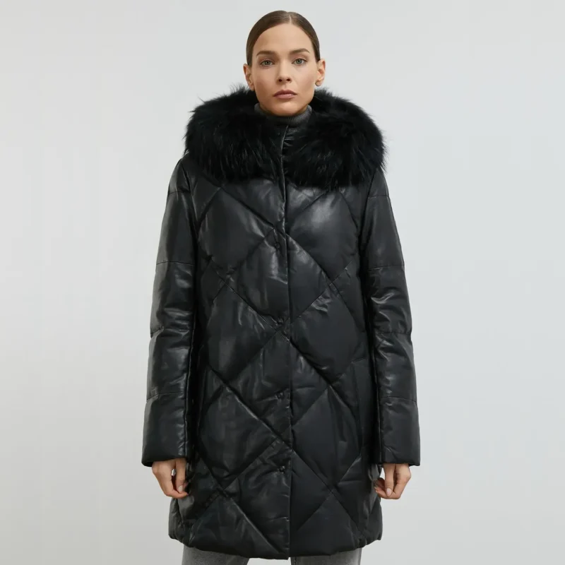 Black Puffer Coat With Black Fur Hood Front