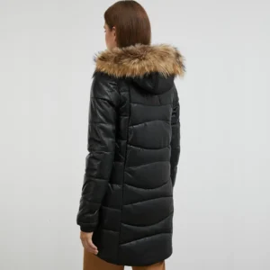 Black Puffer Coat With Fur Hood Back