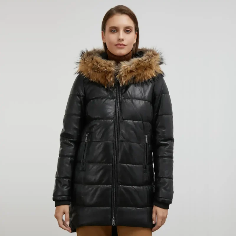 Black Puffer Coat With Fur Hood Front