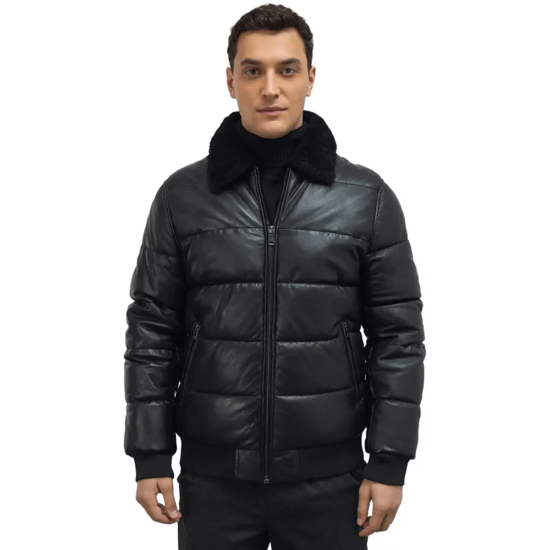 Black Puffer Jacket With Black Fur Collar For Mens Front