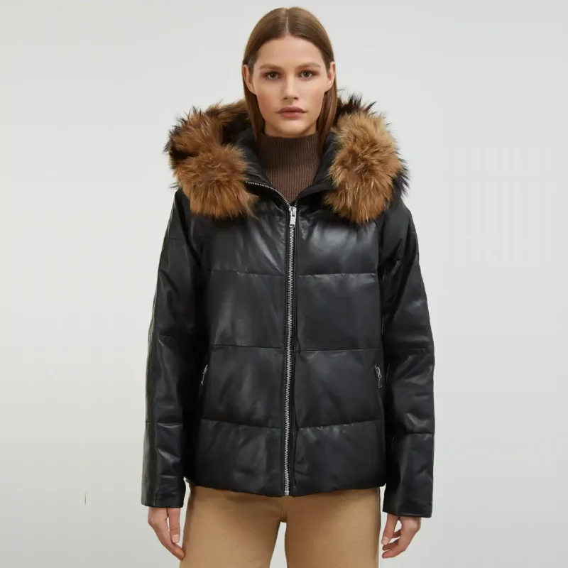 Black Puffer Jacket With Fur Hood Front