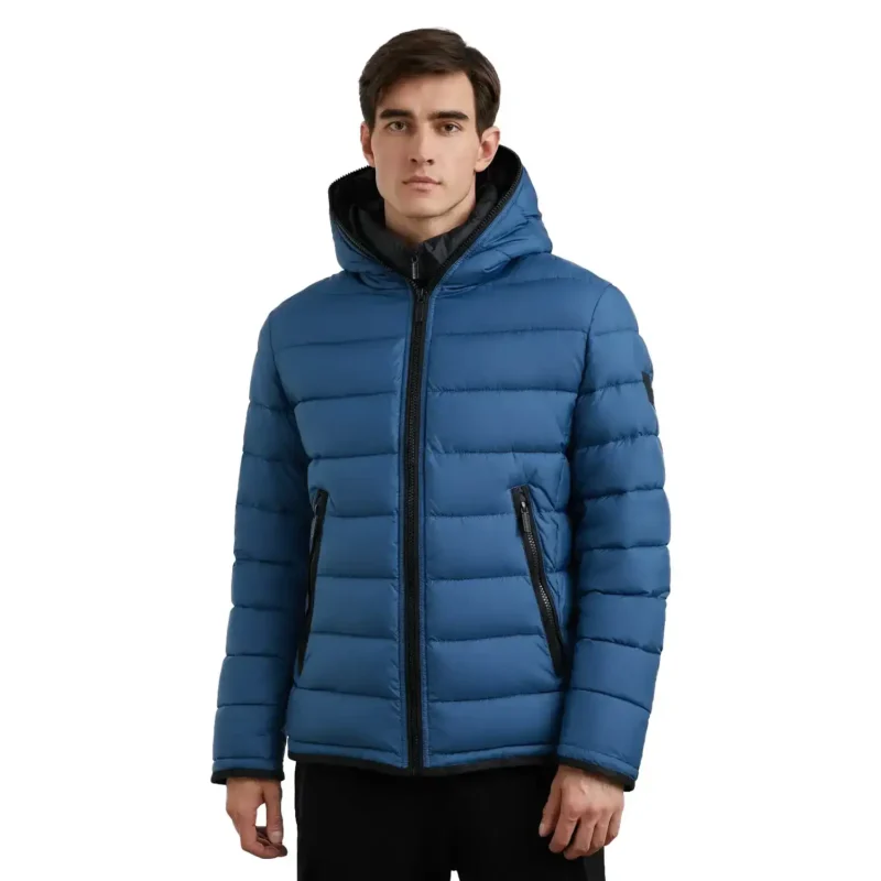 Blue Puffer Jacket With Hood Front Close