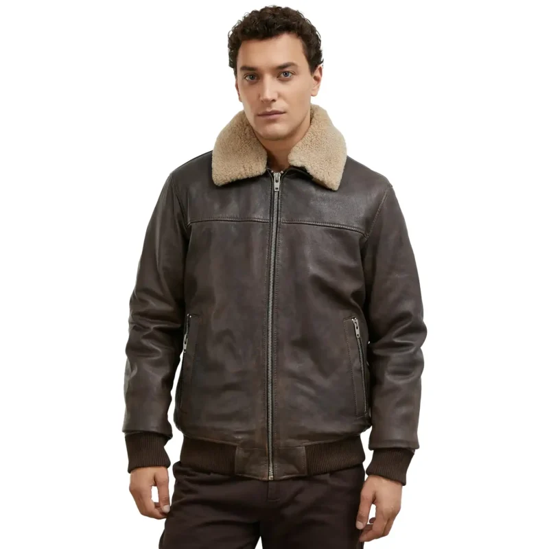 Brown Leather Jacket With Fur Collar For Mens Front