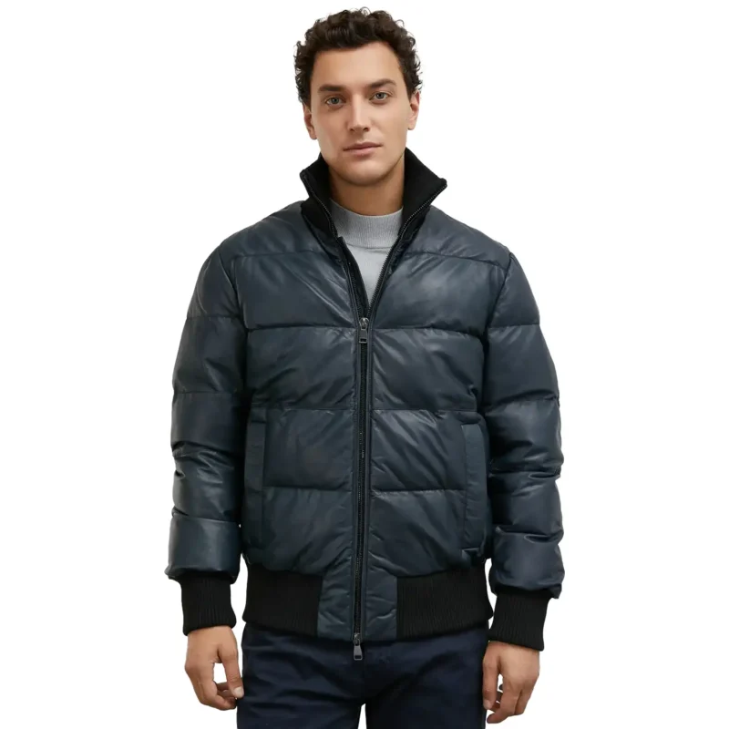 Dark Blue Bomber Puffer Jacket For Mens Front