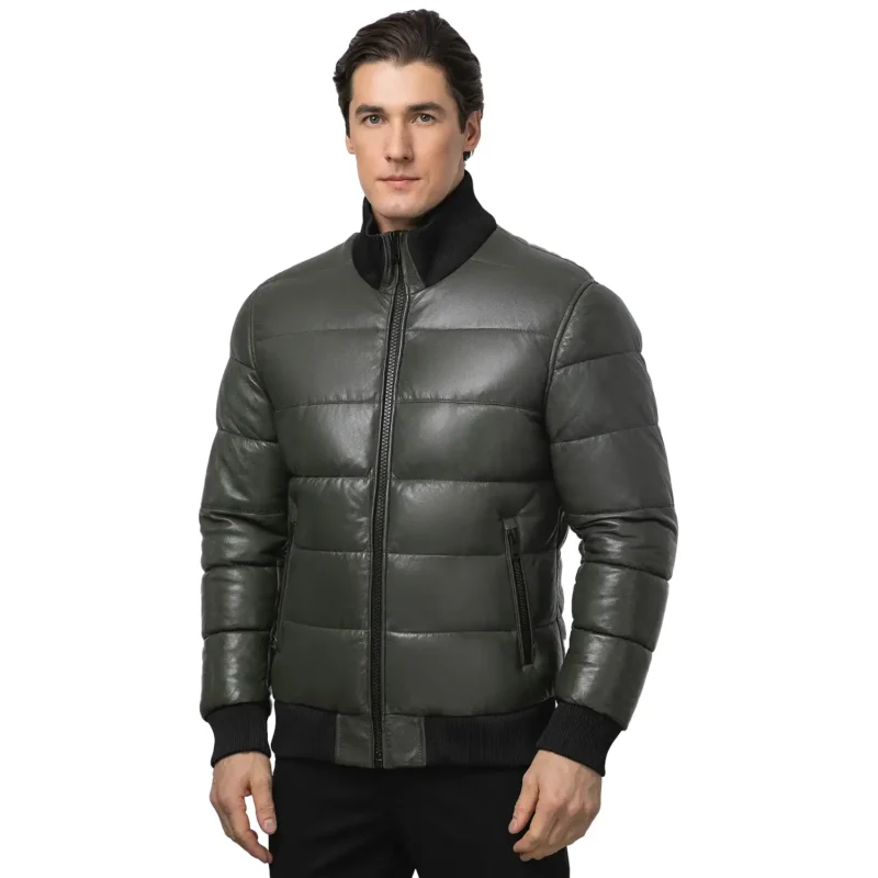 Dark Green Bomber Leather Puffer Jacket For Mens Front