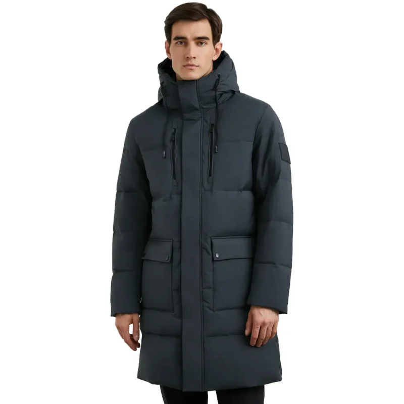 Grey Puffer Coat With Fur Hood For Mens Front