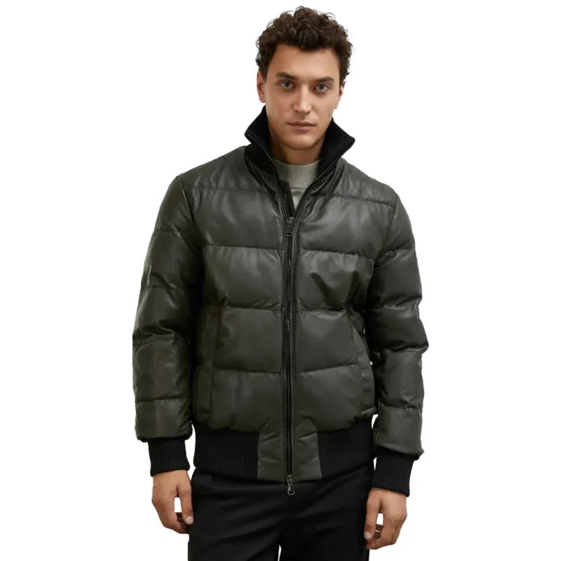 Olive Green Bomber Puffer Jacket For Mens Front