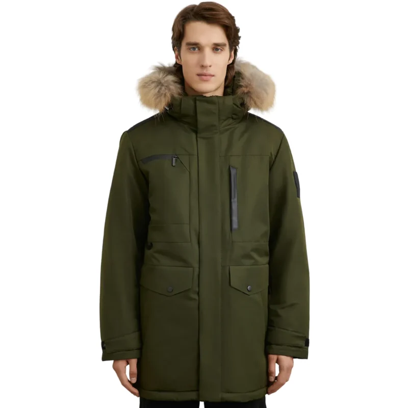 Olive Green Coat With Fur Hood For Mens Front