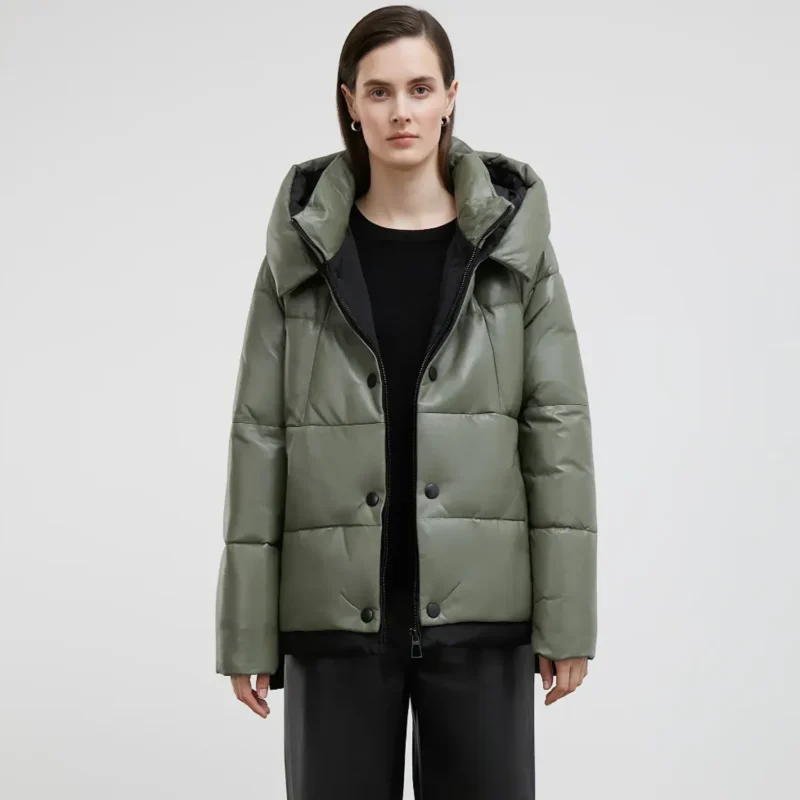 Olive Green Puffer Jacket With Hood Open