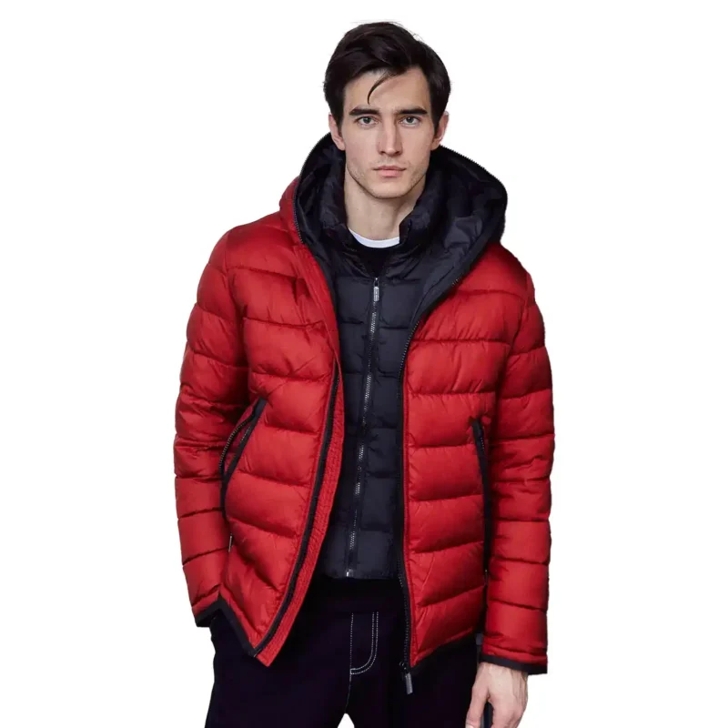 Red And Black Puffer Jacket Front Open