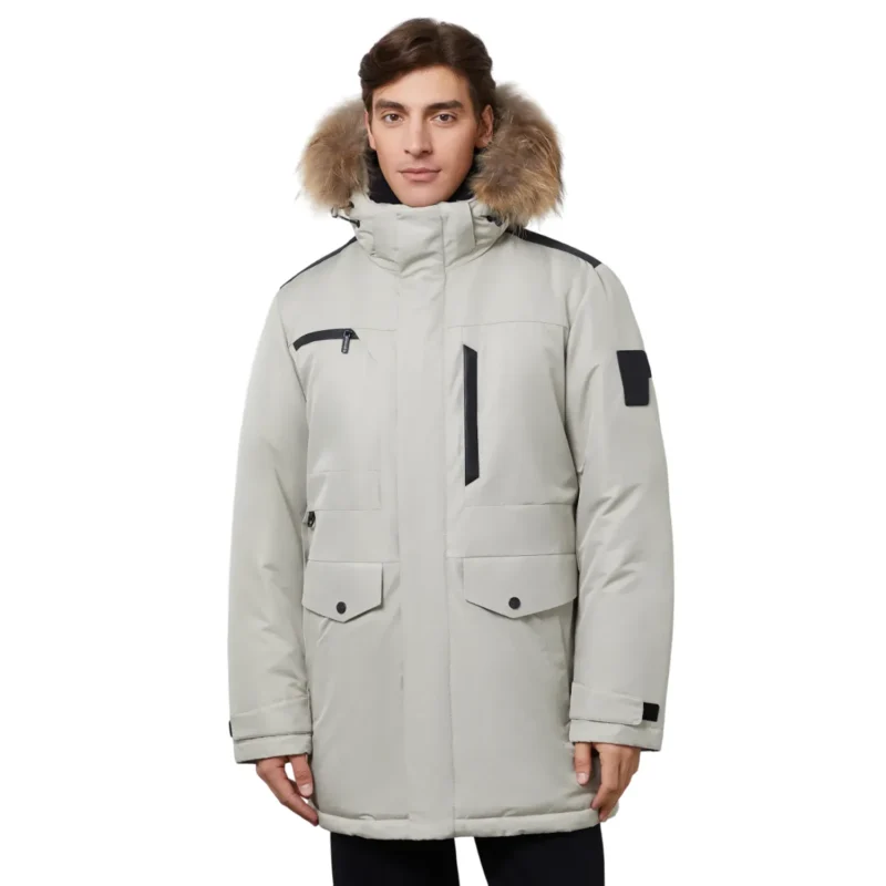 White Coat With Fur Hood For Mens Front