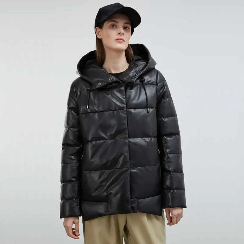 Women's Black Puffer Jacket With Hood Front