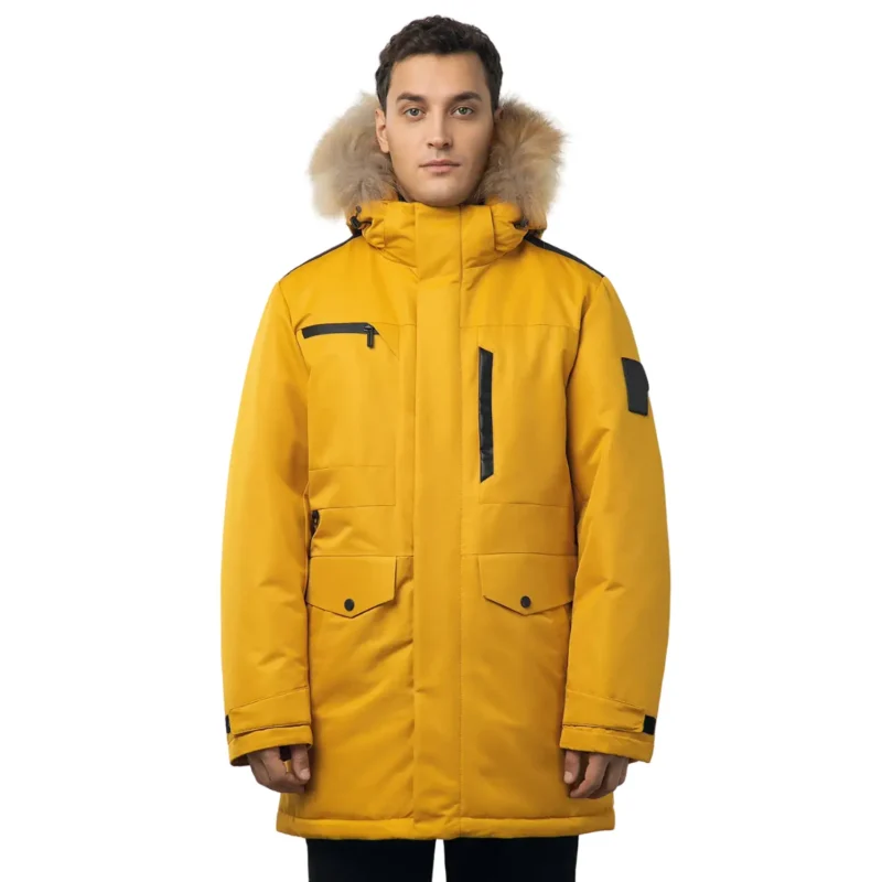 Yellow Coat With Fur Hood For Mens Front