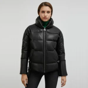 long black puffer jacket front closure