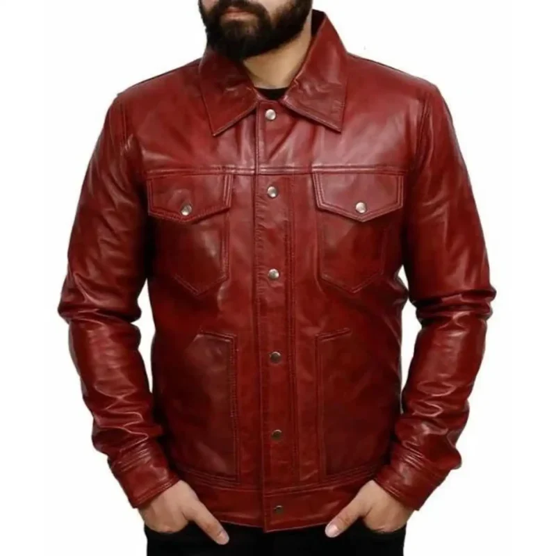 maroon trucker jacket front