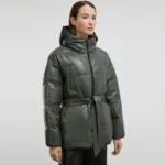 olive puffer jacket Front