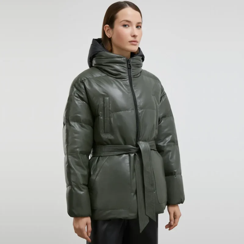 olive puffer jacket Front