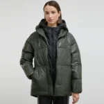 olive puffer jacket Front Open