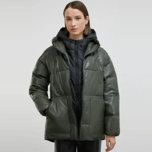 olive puffer jacket Front Open