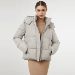 white puffer jacket with hood open