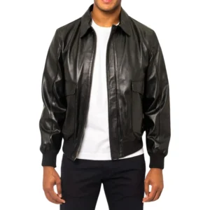 Black Men's Leather Bomber Jacket Front