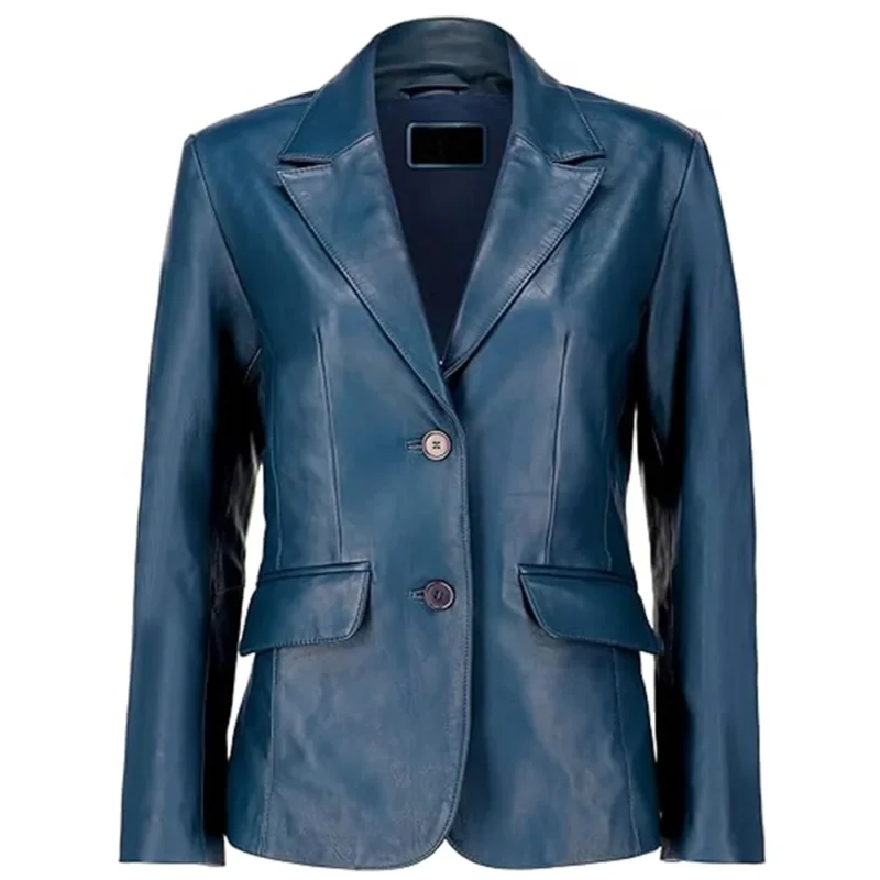 Blue Leather Blazer For Womens Front