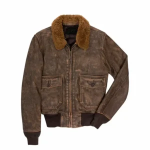 Brown Distressed Leather Bomber Jacket Front