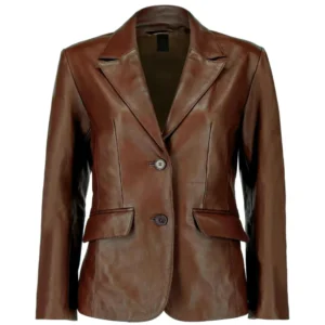 Brown Leather Blazer Womens Front