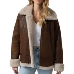 Brown Shearling Leather Jacket Womens Front Open