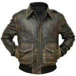 Distressed Brown Leather Bomber Jacket Mens Front Open