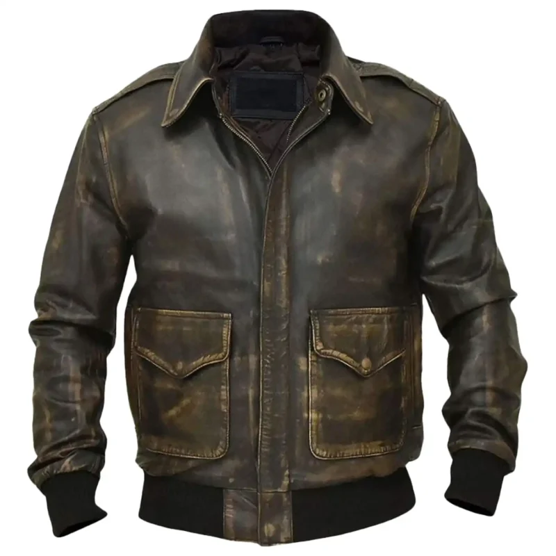 Distressed Brown Leather Bomber Jacket Mens Open Front