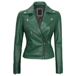 Green Leather Biker Jacket Womens Front