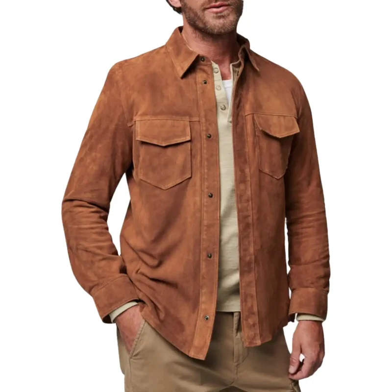 mens brown suede trucker jacket front