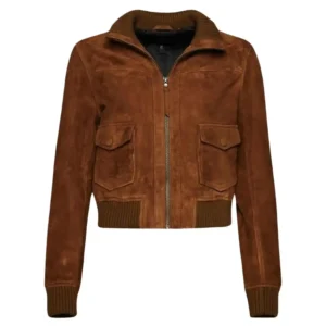 womens brown suede bomber jacket close