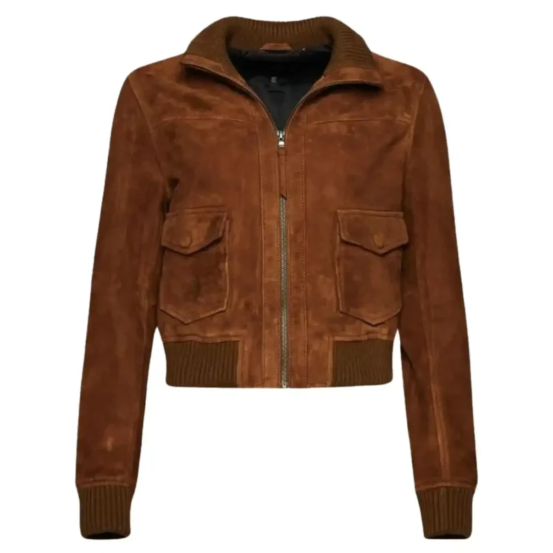 womens brown suede bomber jacket close