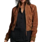 womens brown suede bomber jacket front