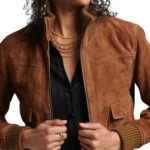 womens brown suede bomber jacket open