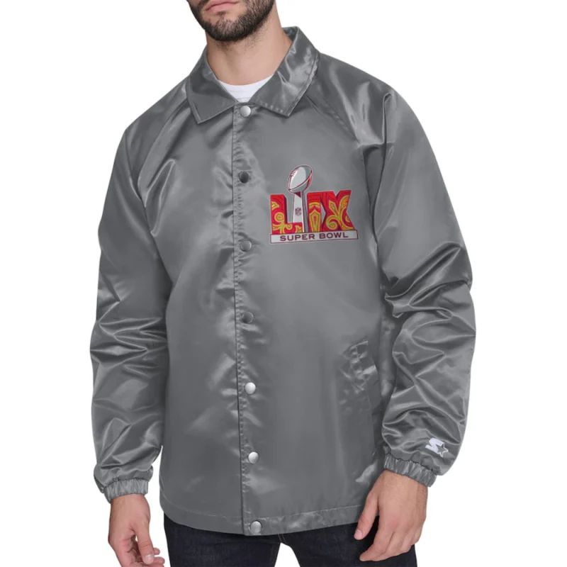 Super Bowl LIX Starter Coaches Satin Grey Varsity Jacket